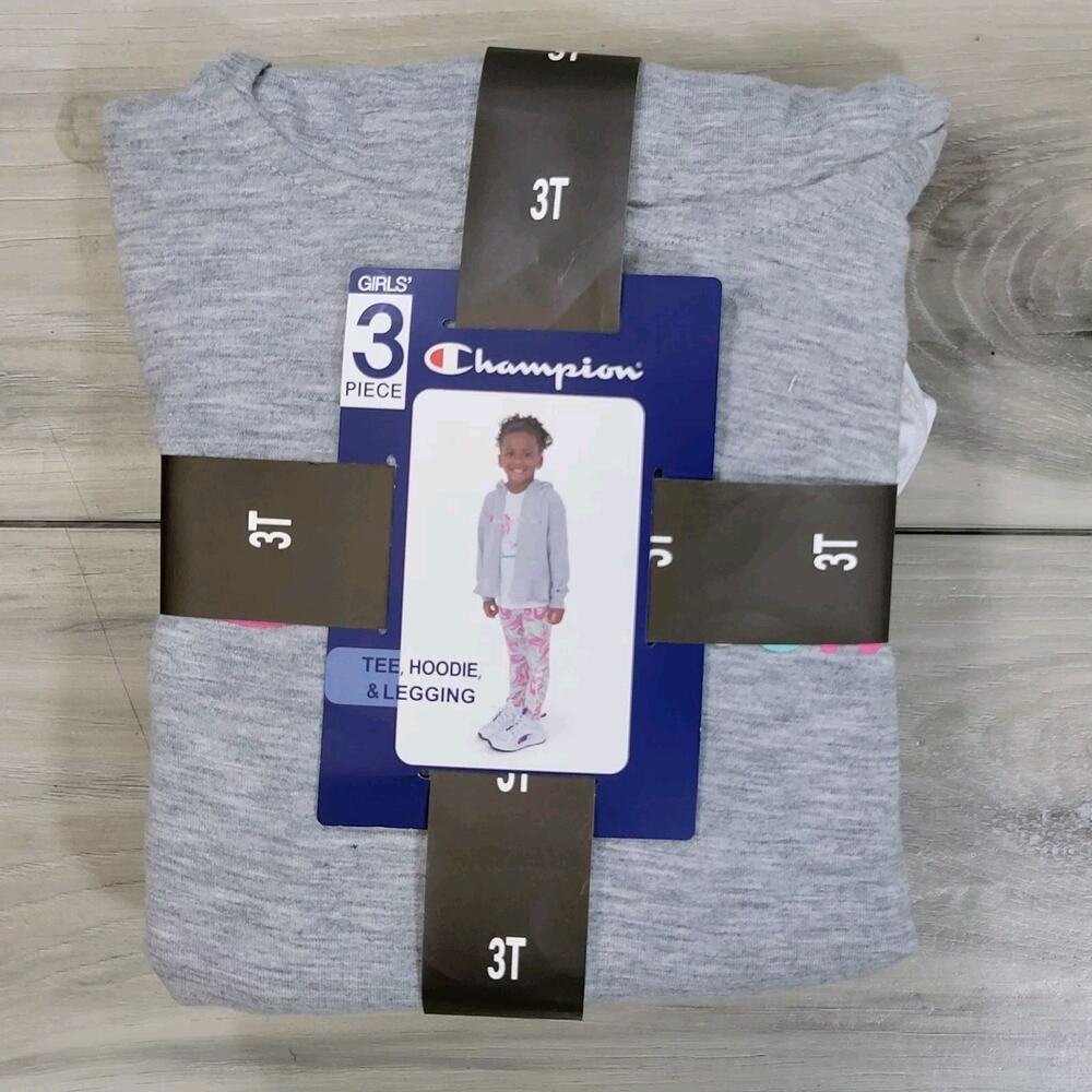 Champion 3 Piece Set Girls 3T Short Sleeve Tee, Zip Hoodie & Leggings Set New